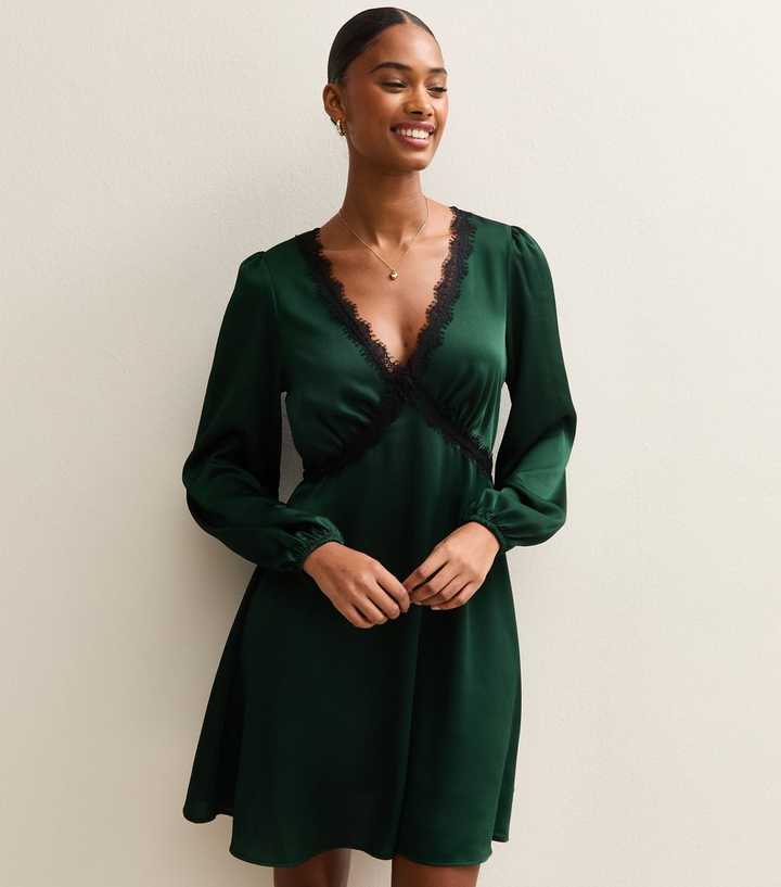 Dark Green Textured Satin Lace Trim Mini Dress