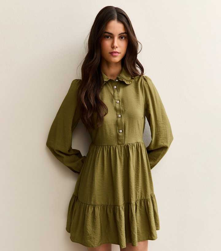 Light Khaki Tiered Mini Shirt Dress