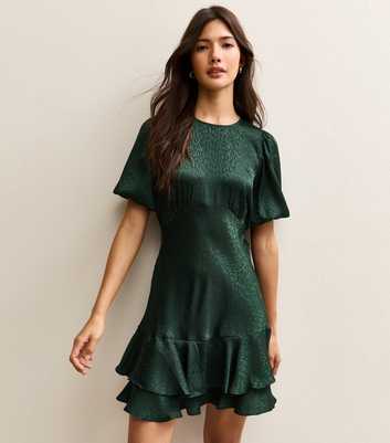 Dark Green Jaquard Feather Pattern Mini Dress