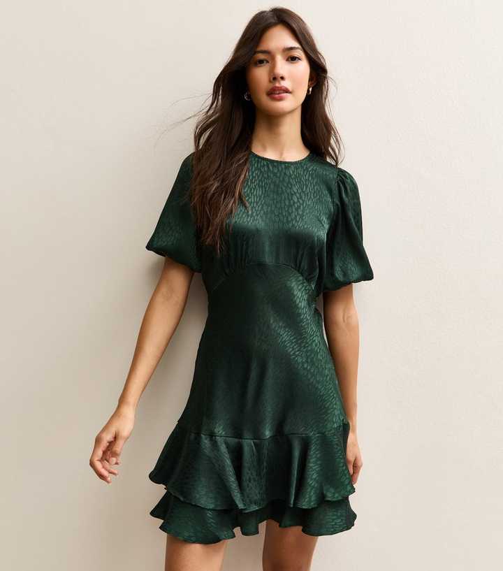 Dark Green Jaquard Feather Pattern Mini Dress