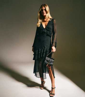 Black Chiffon Metallic Pattern Ruffled Midi Dress