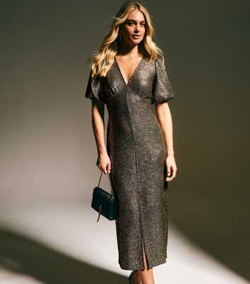Gold Glitter Puff Sleeve Midi Dress