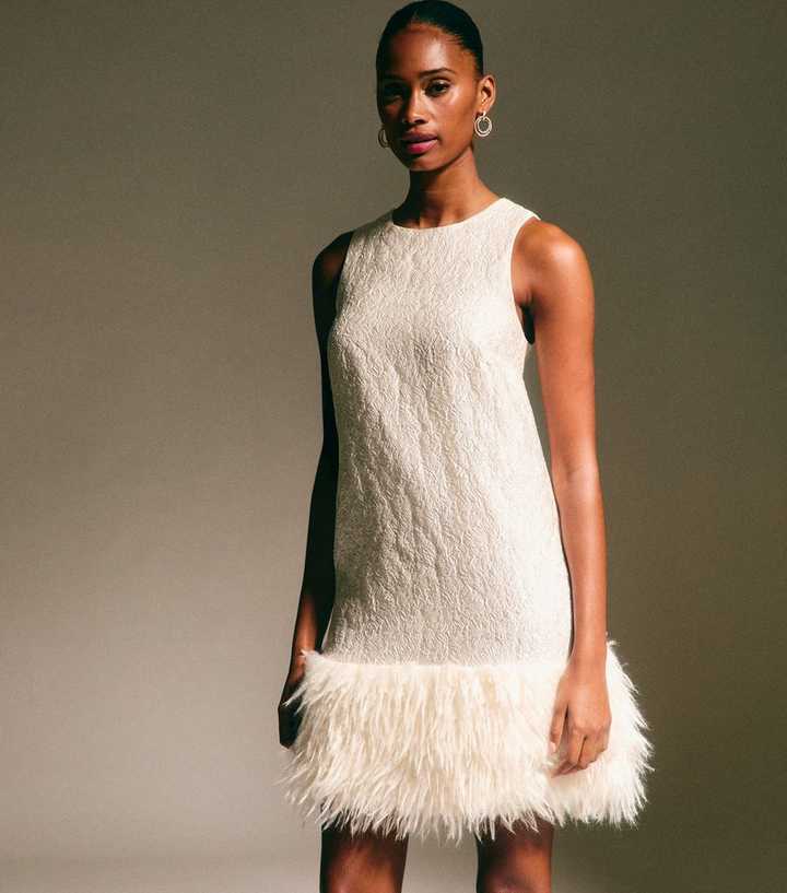 White Jacquard Feather Trim Mini Dress