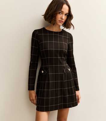 Brown Check Long Sleeve Mini Dress