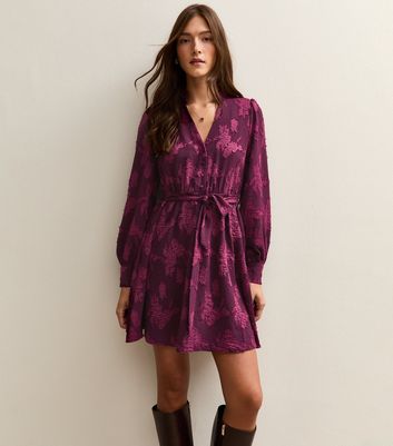 Dark Burgundy Floral Devore Mini Dress | New Look