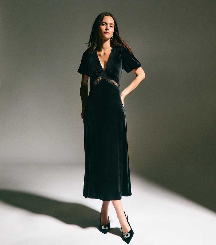 Black Velvet Lace Insert Midi Dress | New Look