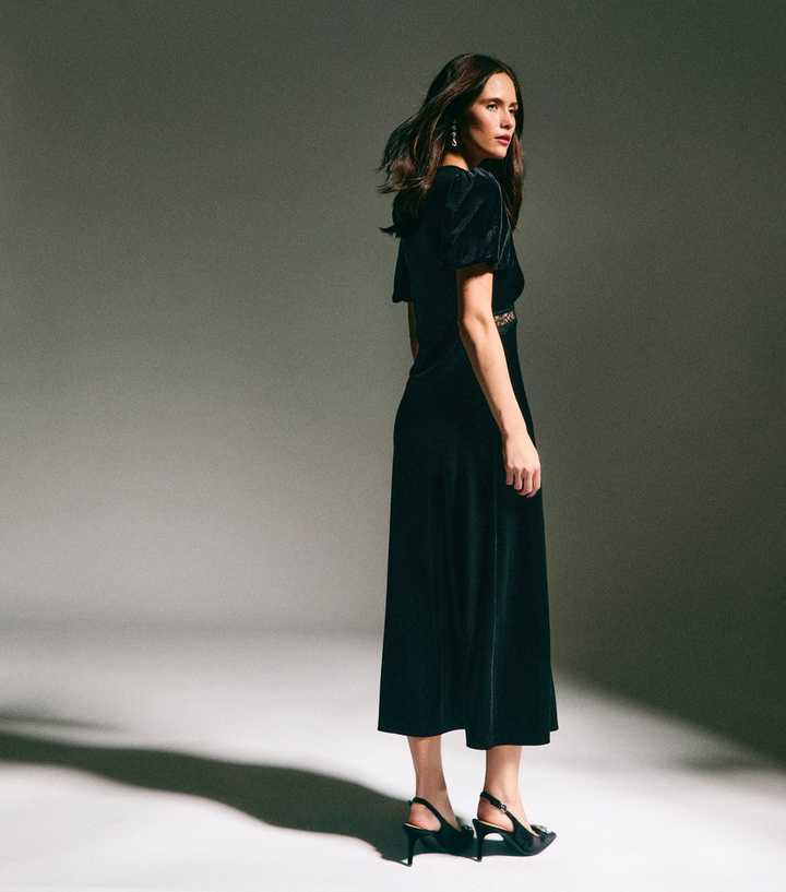 Black Velvet Lace Insert Midi Dress | New Look
