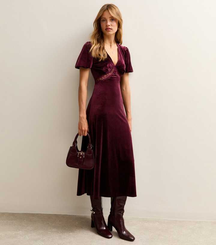 Burgundy Velvet Lace Insert Midi Dress