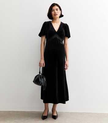 Maternity Black Velvet Short Sleeve Midi Dress