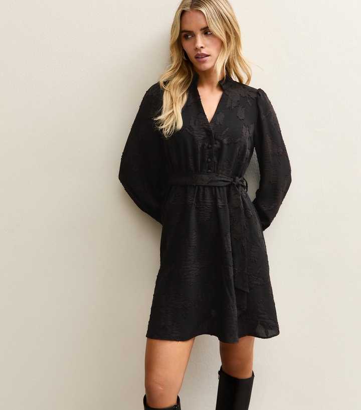Petite Black Textured Floral Button Up Mini Dress