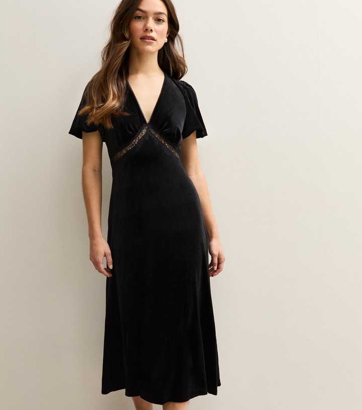 Petite Black Lace Trim Velvet Midi Dress