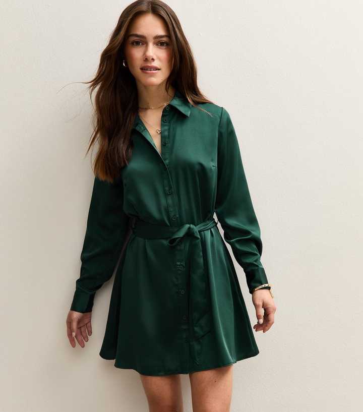 slim fit dress slacks Combat Green Long Silk Shirt Dress