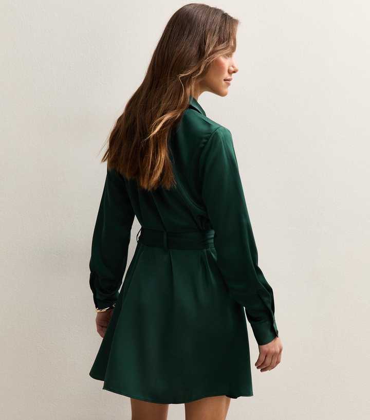 olive green satin shirt dress Hunter Green Satin Button Down Shirt Dress