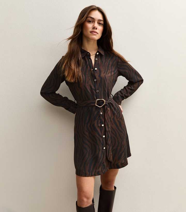 Petite Brown Tiger Print Buckle Detail Mini Shirt Dress