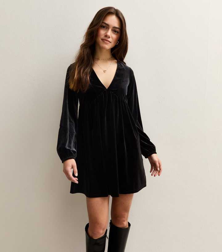 Petite Black Velvet Smock Mini Dress Petite Black Velvet Smock Mini Dress