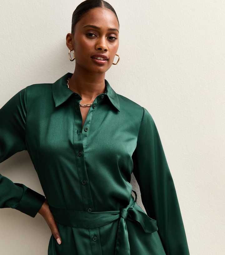 Dark Green Satin Mini Shirt Dress | New Look