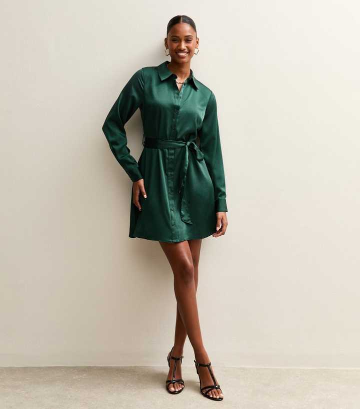 Dark Green Satin Mini Shirt Dress