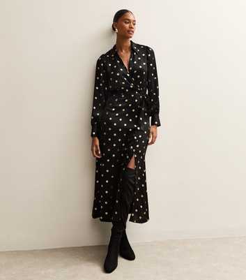 Black Spot Print Satin Wrap Midi Dress