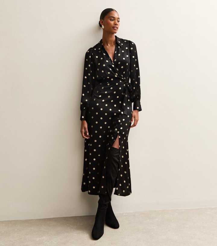 Black Spot Print Satin Wrap Midi Dress