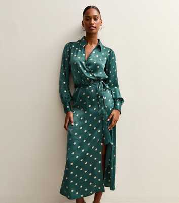 Green Spot Print Satin Wrap Midi Dress