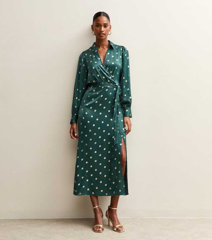 green spot wrap dress Print Satin Midi metallic halter neck dress