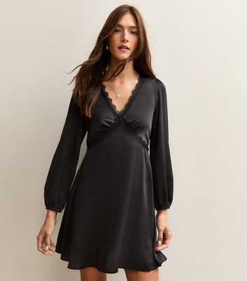 Black Satin Lace Trim Mini Dress
