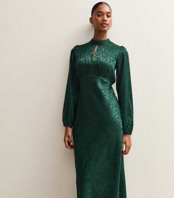 Dark Green Satin Jacquard Keyhole Neck Midi Dress
