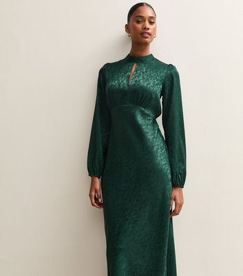 Dark Green Satin Jacquard Keyhole Neck Midi Dress | New Look