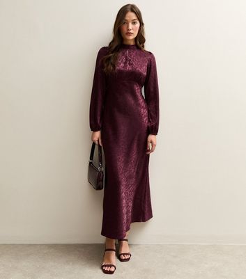 Dark Burgundy Satin Jacquard Long Sleeve Midi Dress