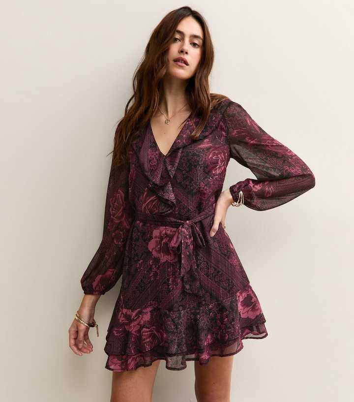 Dark Red Rose Print Shimmery Stripe Chiffon Mini Dress