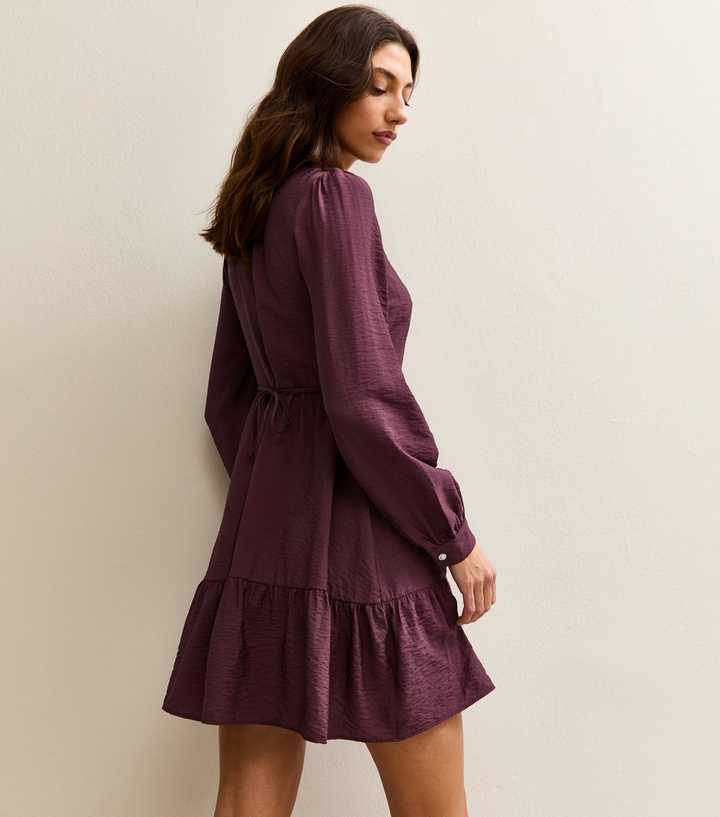 Tall Dark Purple Tiered Long Sleeve Shirt Mini Dress