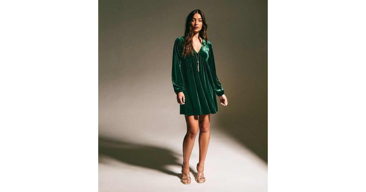 Dark Green Velvet Smock Mini Dress | New Look