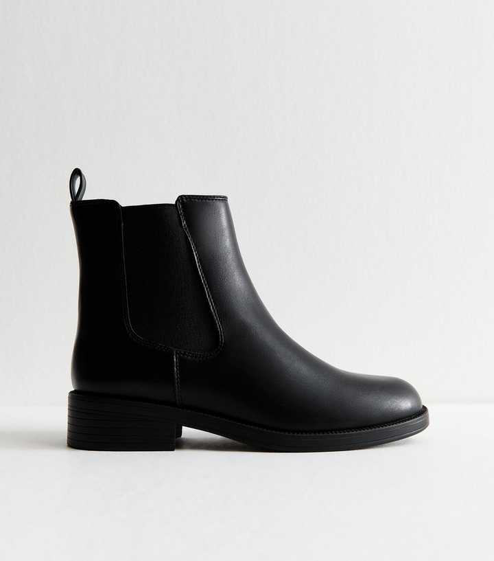 Wide Fit Black Faux Leather Chelsea Flat Ankle Boots