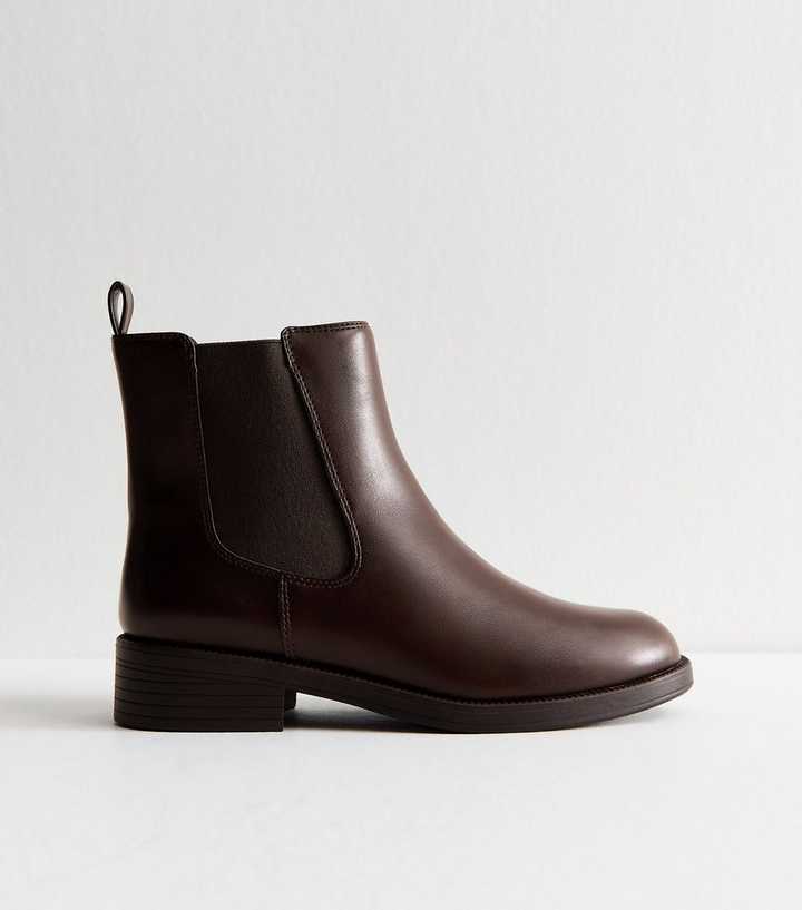Wide Fit Brown Faux Leather Chelsea Flat Ankle Boots