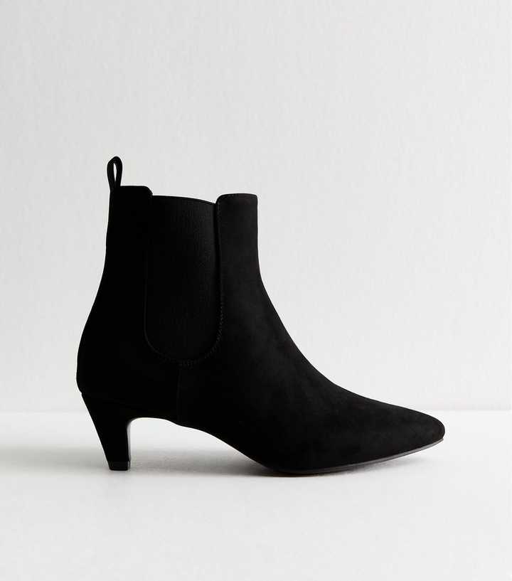 Black Faux Suede Kitten Heel Chelsea Boots