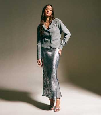 Silver Metallic Bias Cut Midi Skirt