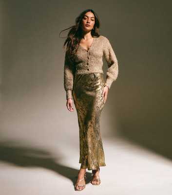 Gold Metallic Bias Cut Midi Skirt