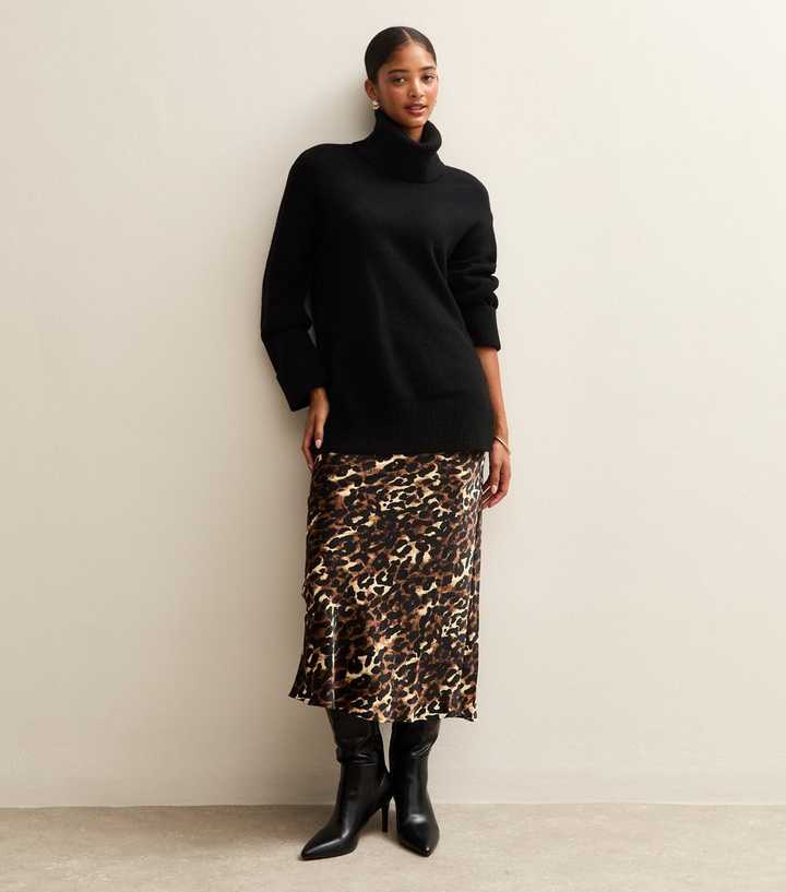 Brown Leopard Print Satin Midi Skirt