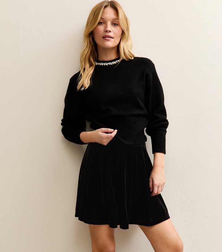 Black Velvet Pleated Mini Skirt