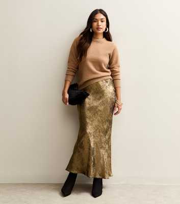 Petite Gold Bias Cut Midi Skirt