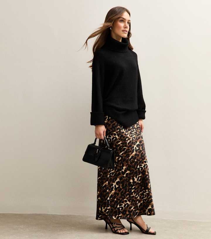 Petite Brown Leopard Print Satin Midi Skirt