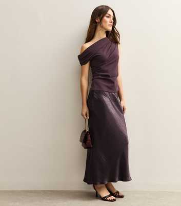 Petite Dark Burgundy Textured Satin Midi Skirt