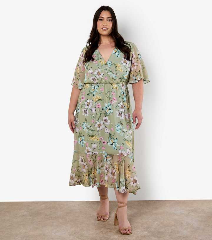 Apricot Curves Green Floral Print Chiffon Midi Dress