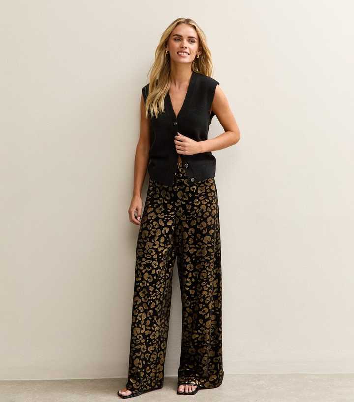 Petite Black Animal Print Stretch Velvet Trousers
