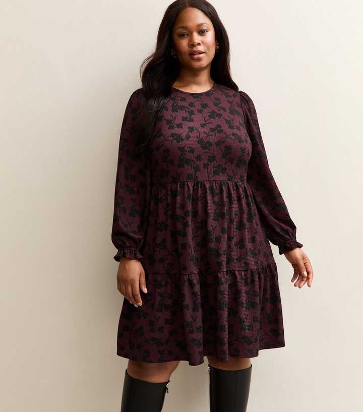 Curves Purple Pattern Tiered Smock Mini Dress