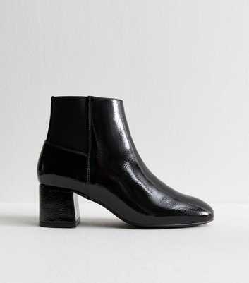 Black Textured Faux Leather Patent Ankle Boots