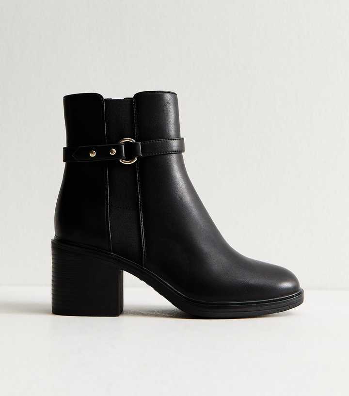 Wide Fit Black Faux Leather Block Heeled Boots