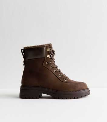 Brown Faux Fur Lined Lace Up Ankle Boots