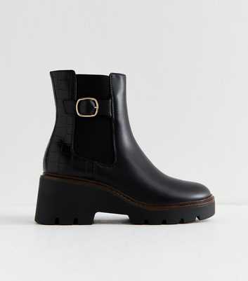 Black Faux Leather Wedge Chelsea Boots