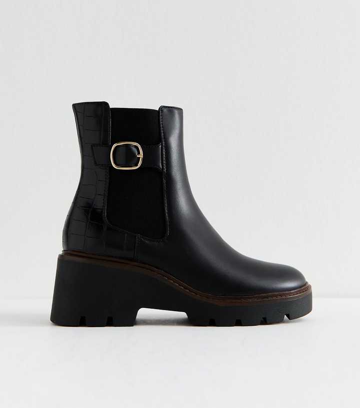 Black Faux Leather Wedge Chelsea Boots